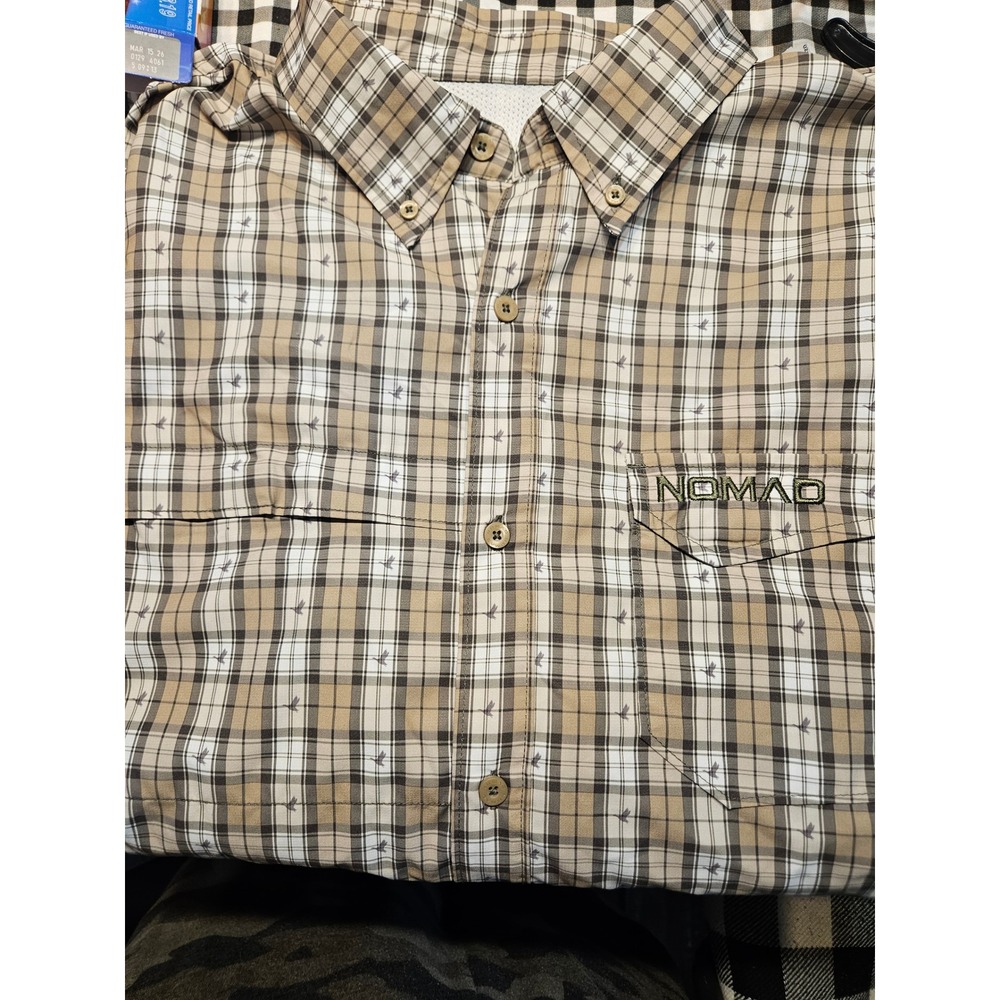 Nomad Mens Plaid Duck Print Performance Hunting Shirt Tan Brown Long Sleeve